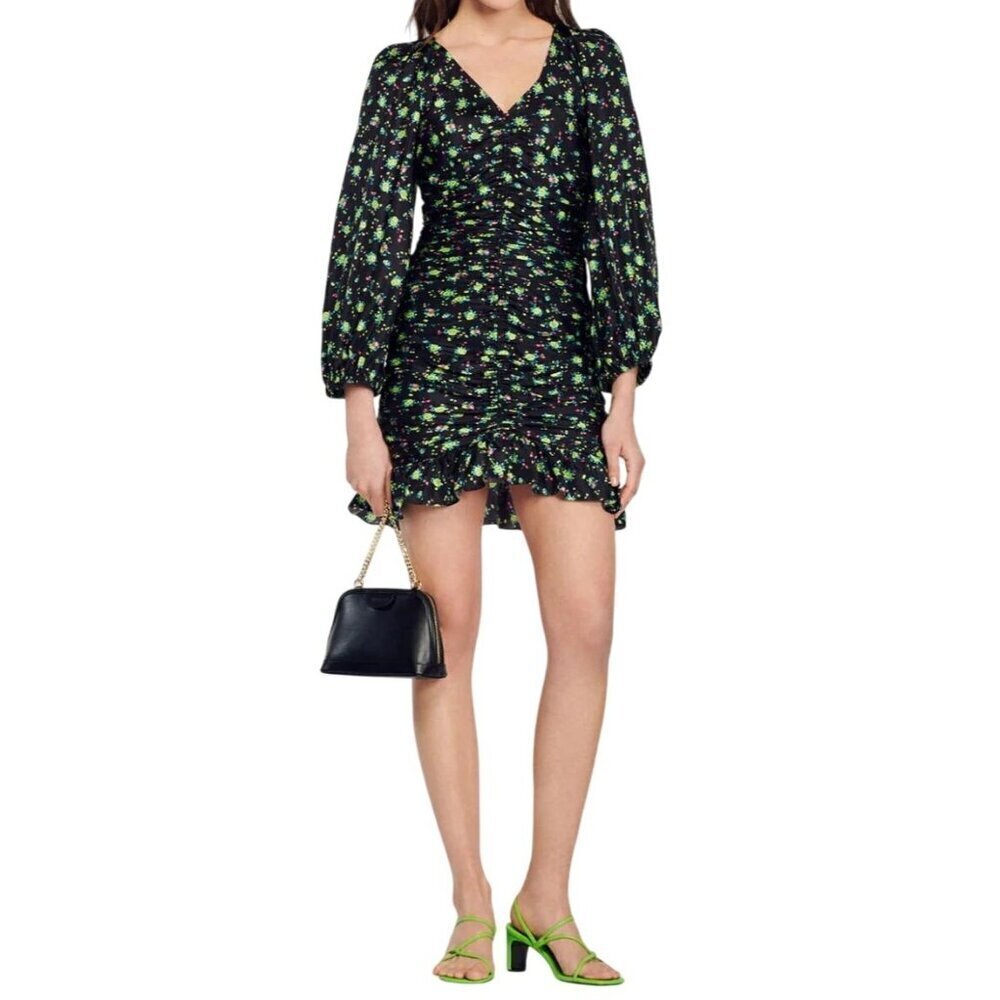 NWT Sandro Ruched Mini Novalee V Neck Floral Dress Size 34 XS Slim Fit MSRP $415